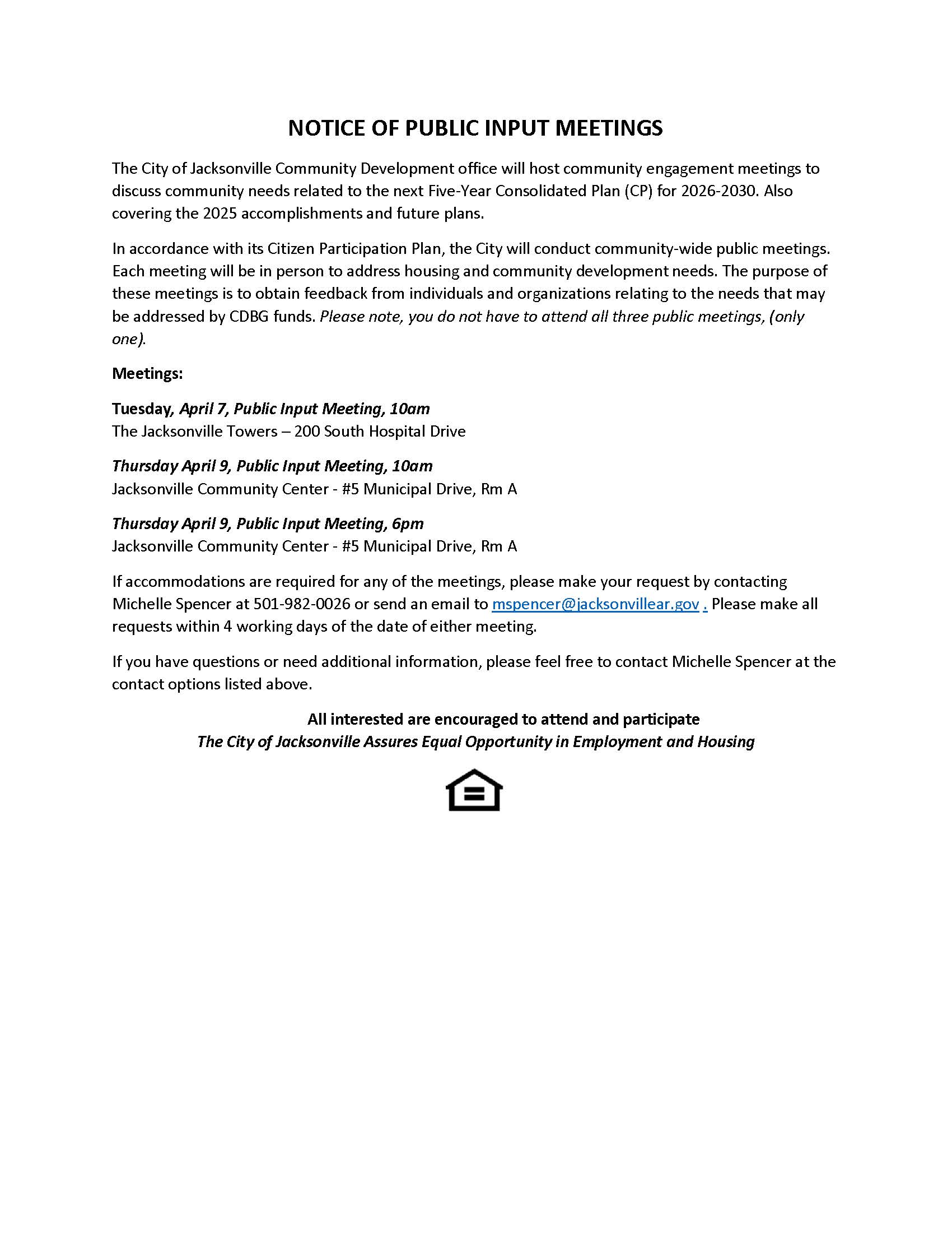 NOTICE OF PUBLIC INPUT MEETINGS AND HEARING 2026